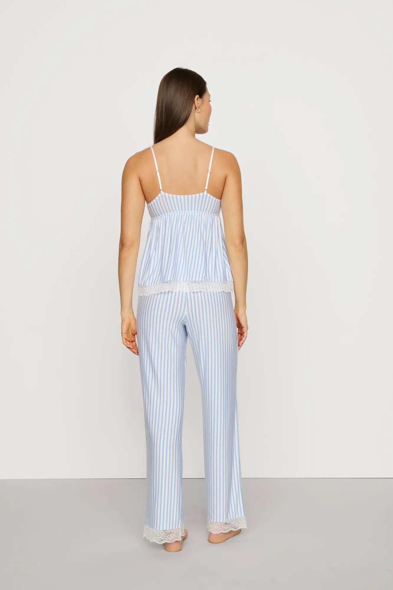 Model is wearing Isla TENCEL™ Modal Cami & Straight Leg Pant PJ Set in Regatta Stripe Summer Blue/Whi
