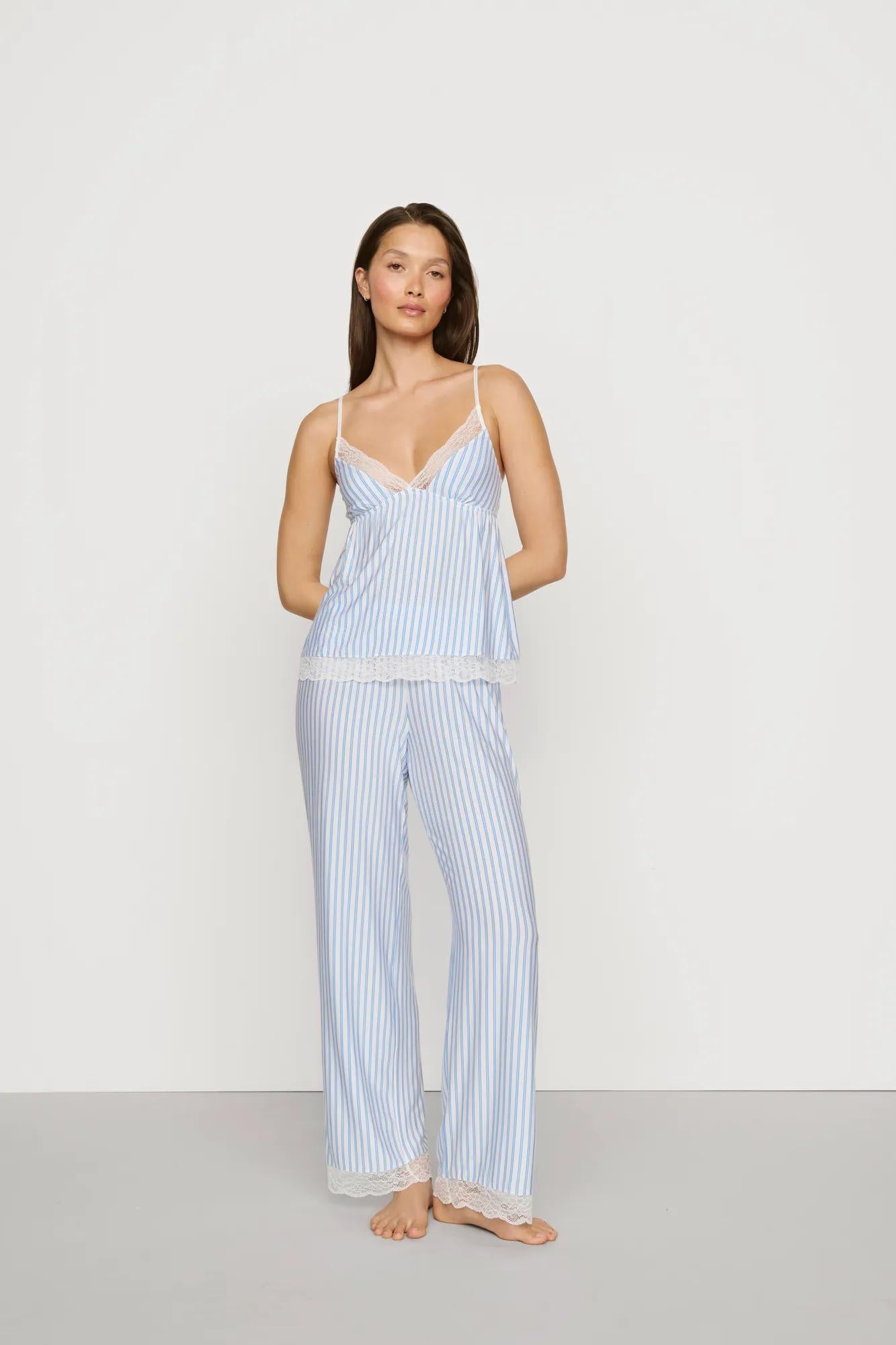 Model is wearing Isla TENCEL™ Modal Cami & Straight Leg Pant PJ Set in Regatta Stripe Summer Blue/Whi
