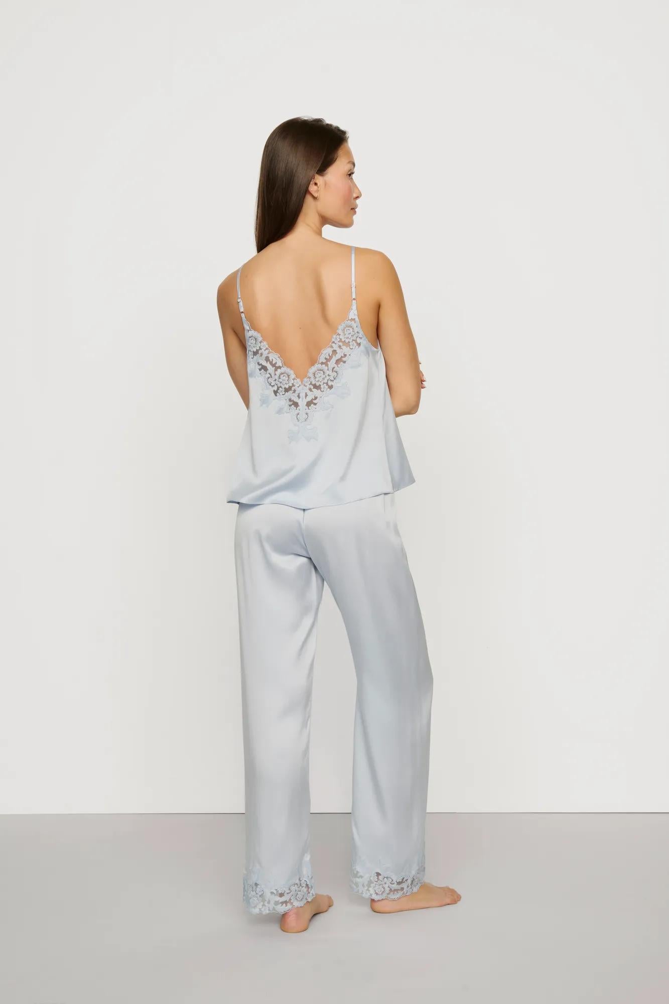Model is wearing Washable Silk with Lace Embroidery Cami & Pant PJ Set in Powder Blue