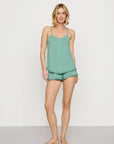 Model is wearing Gisele TENCEL™ Modal Ruffle Cami & Shortie Short Set in Seagrass