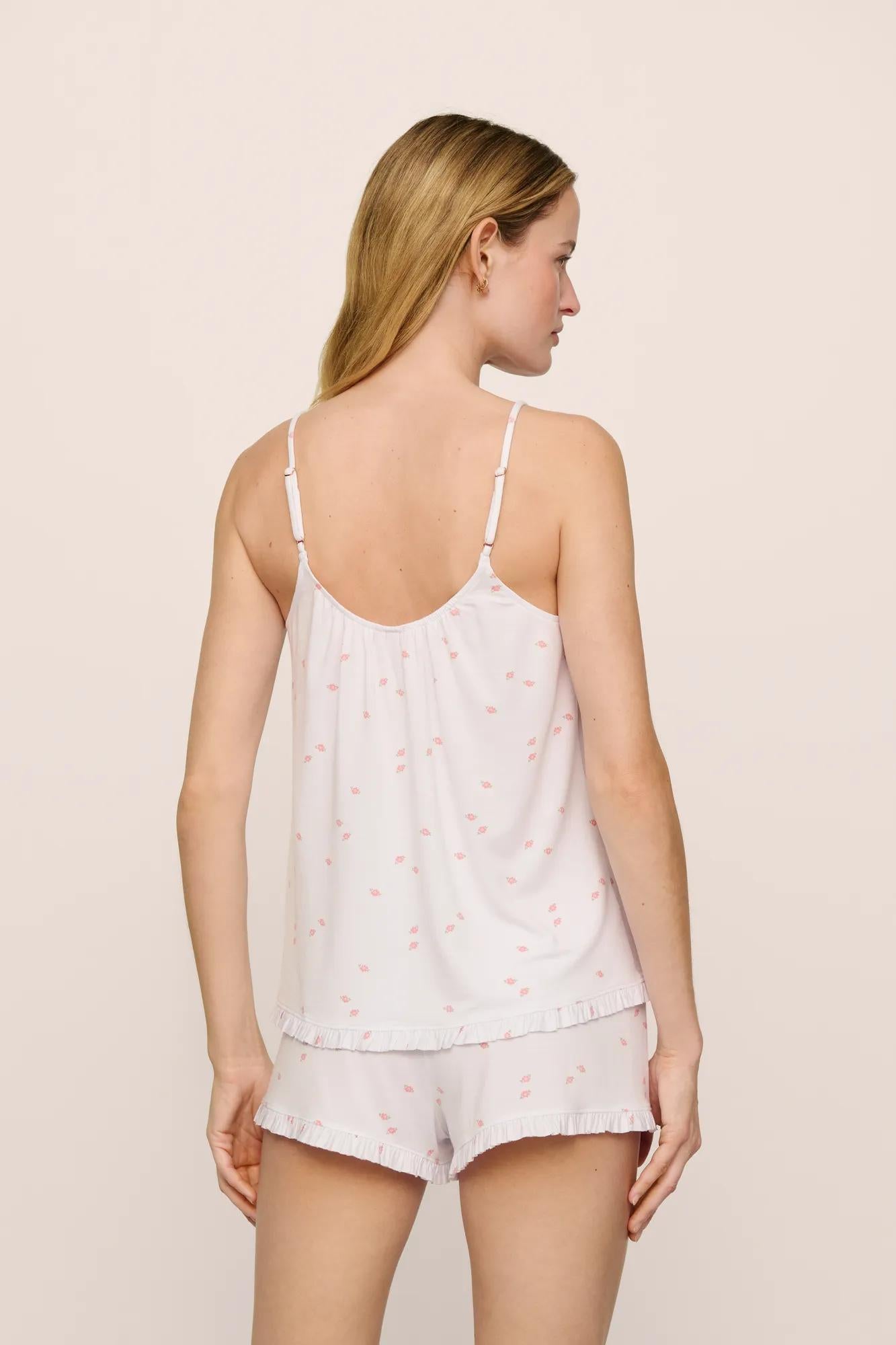 Model is wearing Gisele TENCEL™ Printed Modal Ruffle Cami & Shortie Short Set in SummerDaisyWhite