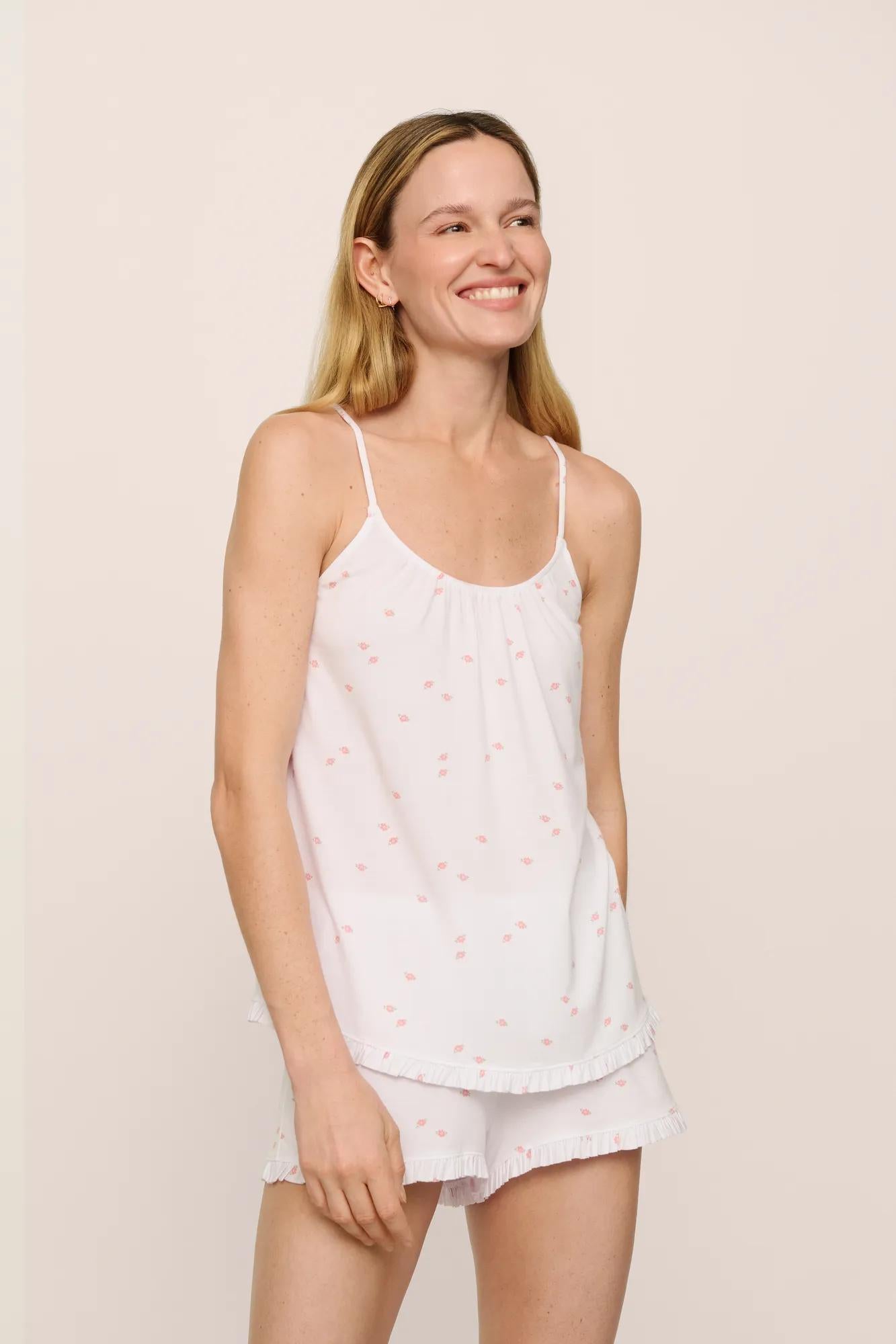 Model is wearing Gisele TENCEL™ Printed Modal Ruffle Cami & Shortie Short Set in SummerDaisyWhite