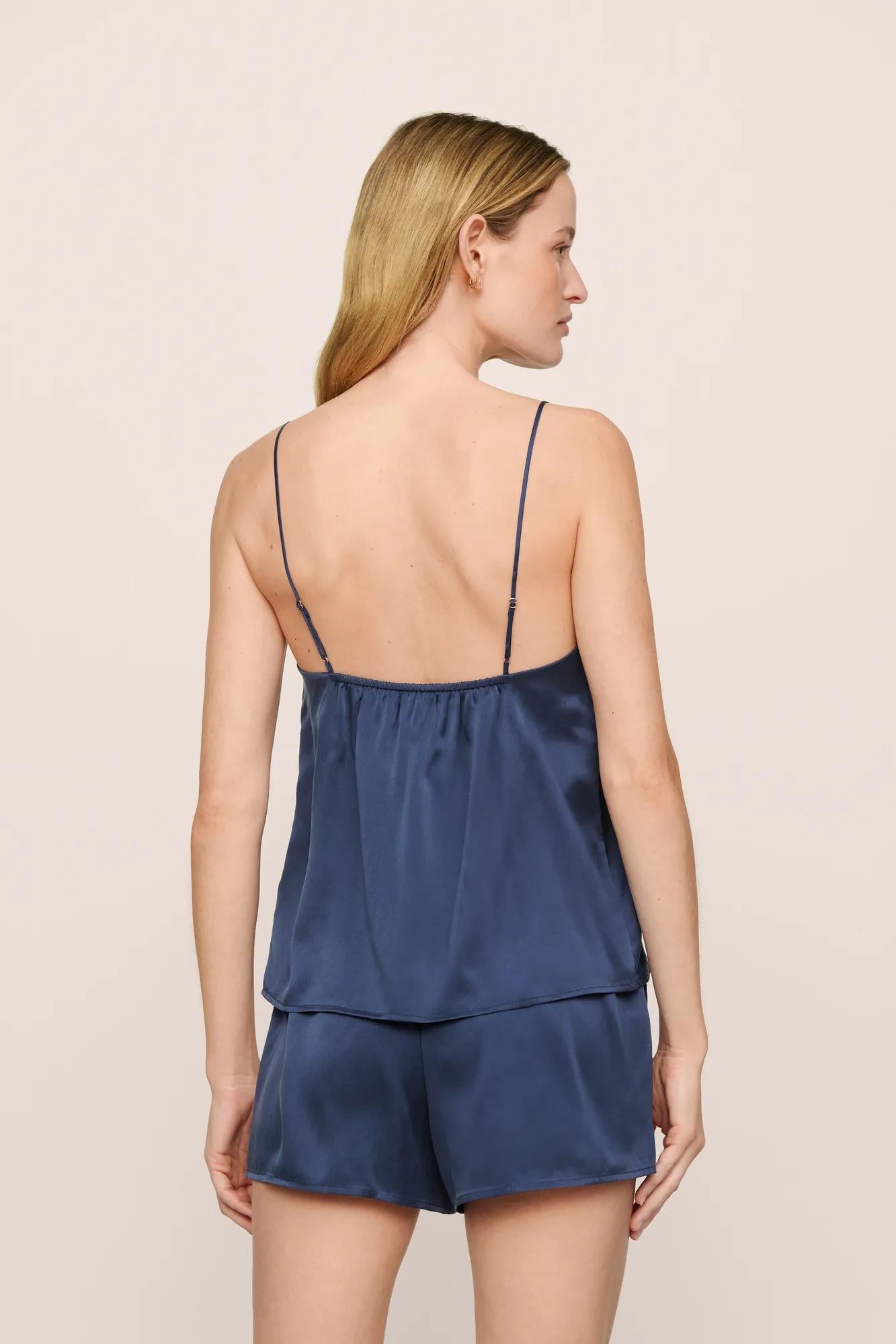 Model is wearing Washable Silk Jacquard Cami & Short PJ Set in Navy