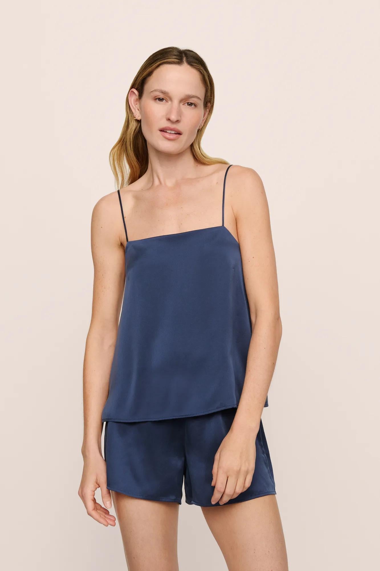 Model is wearing Washable Silk Jacquard Cami & Short PJ Set in Navy