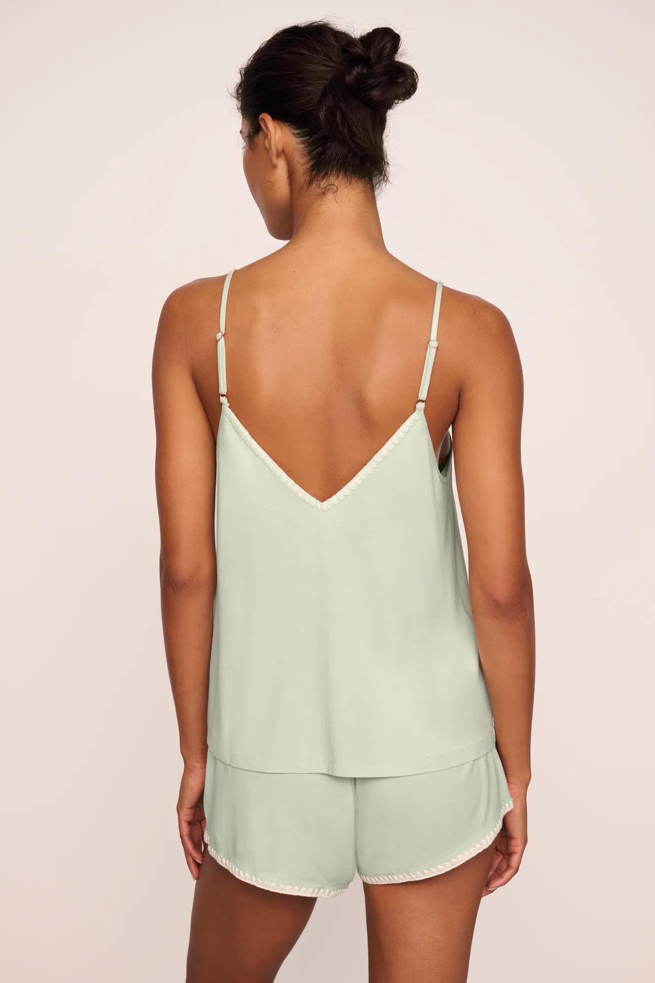 Model is wearing Frida TENCEL™ Modal Cami & Shortie Short PJ Set  in Mint Cream/Ivory