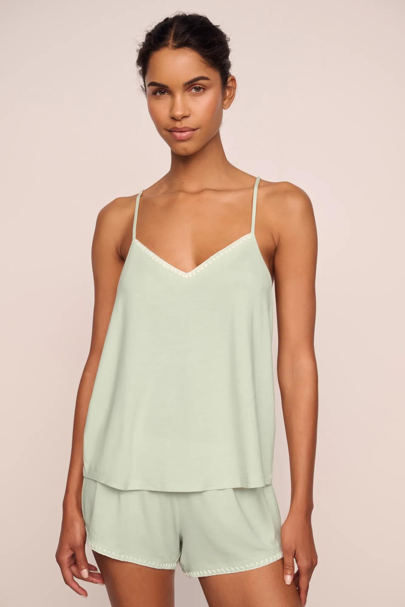 Model is wearing Frida TENCEL™ Modal Cami & Shortie Short PJ Set  in Mint Cream/Ivory