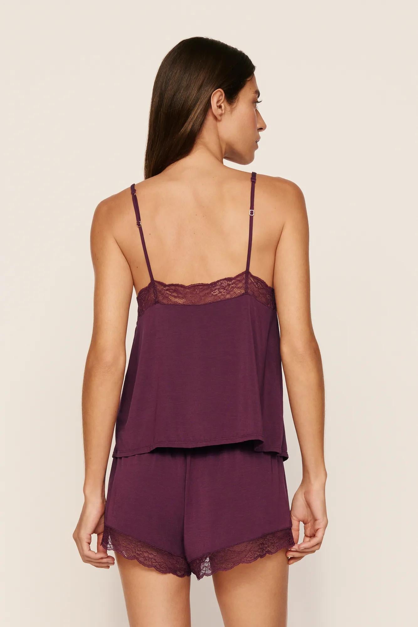 Model is wearing Kari Cami & Short PJ Set in Wildberry