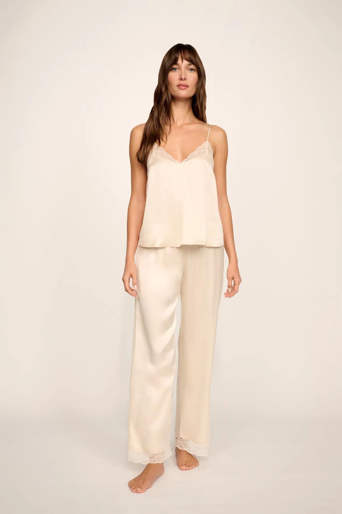 Model is wearing Washable Silk Lace Cami &amp; Pant Set in Champagne