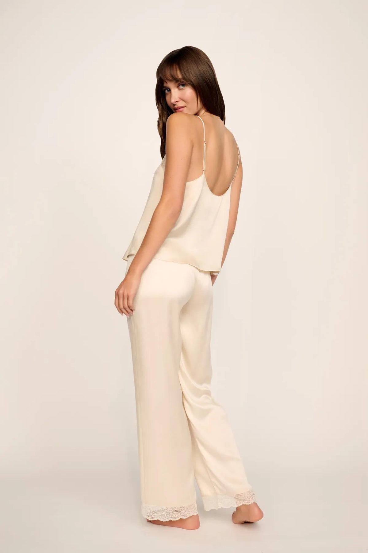 Model is wearing Washable Silk Lace Cami &amp; Pant Set in Champagne