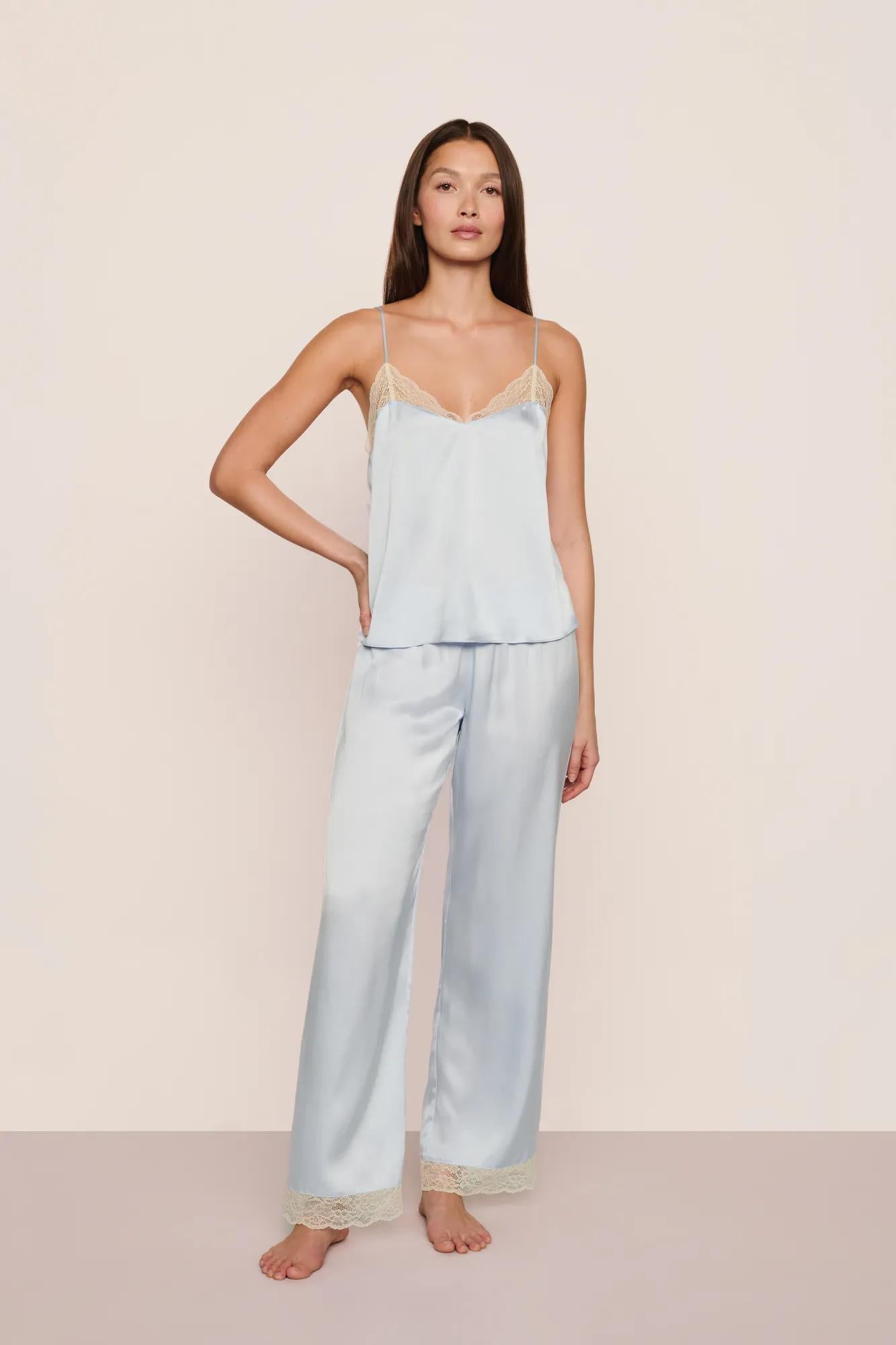 Model is wearing Washable Silk Lace Cami & Pant Set  in Powder Blue/Champagne