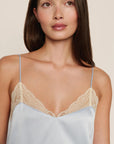 Model is wearing Washable Silk Lace Cami & Pant Set  in Powder Blue/Champagne