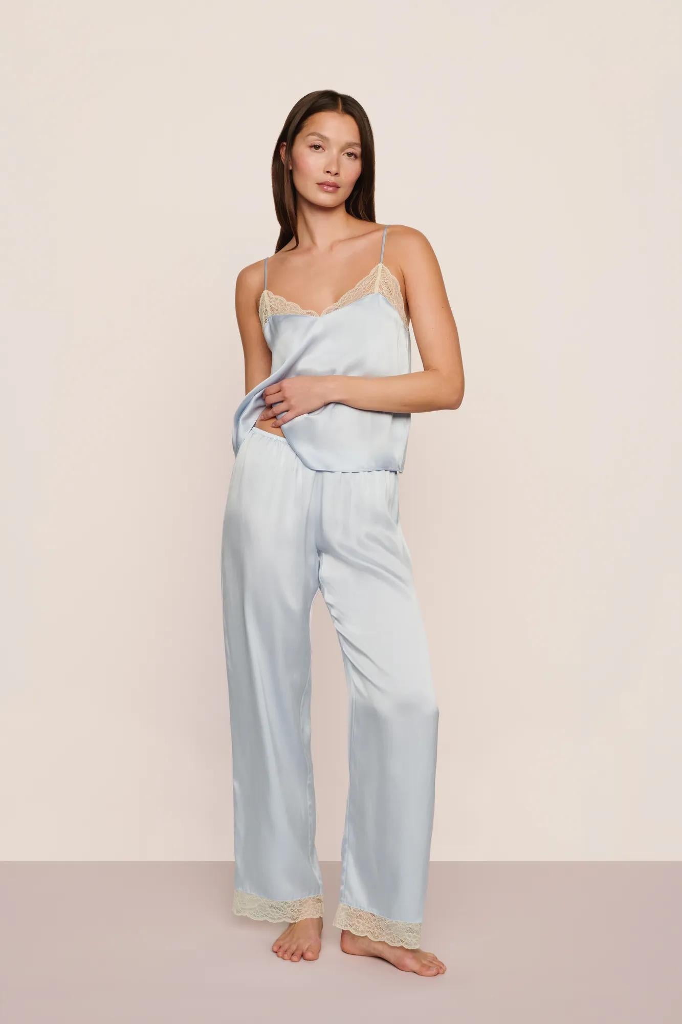 Model is wearing Washable Silk Lace Cami & Pant Set  in Powder Blue/Champagne