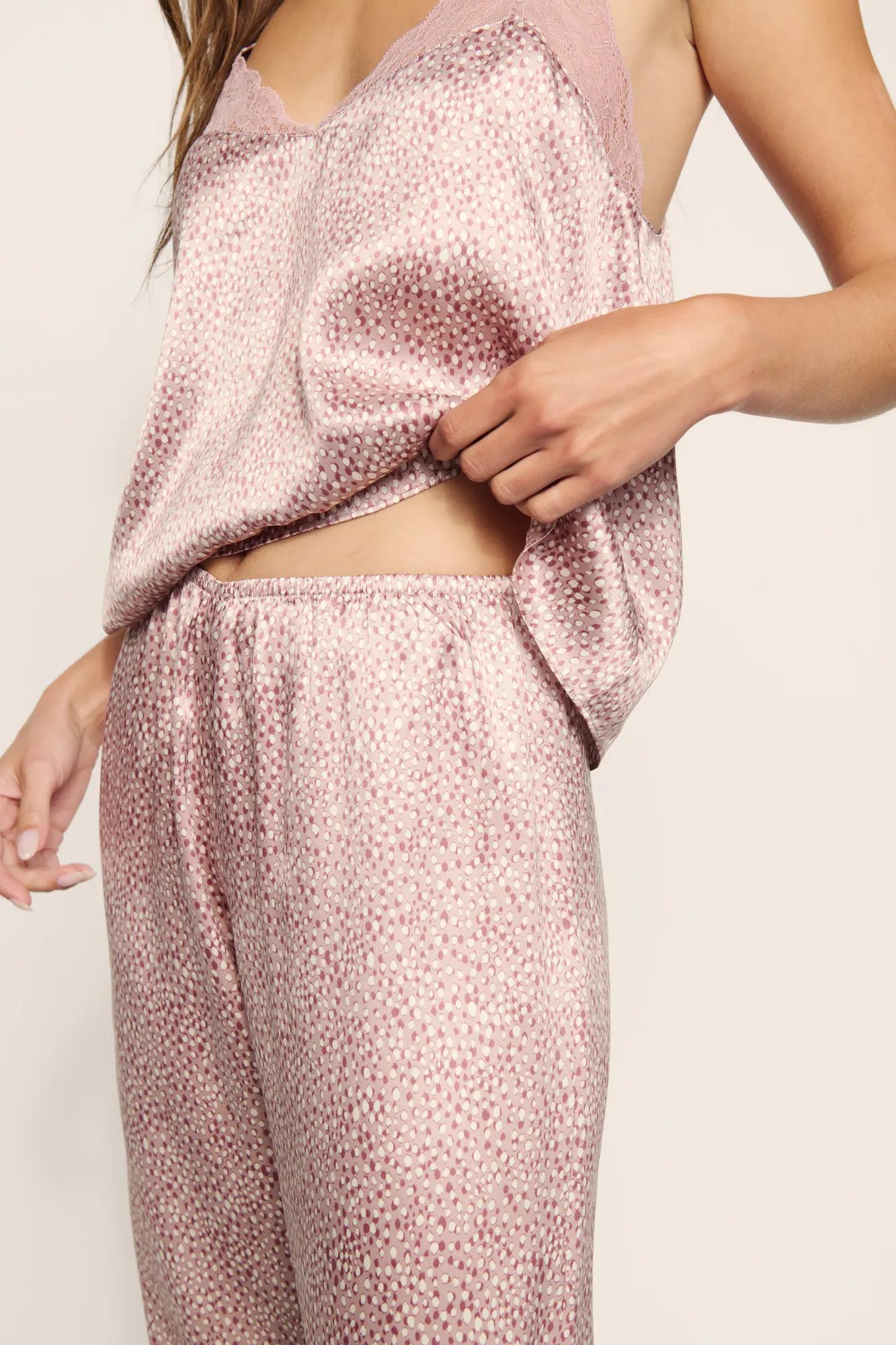 Model is wearing Washable Silk Printed Lace Cami & Pant Set in Animal Instinct Woodrose/Woodr