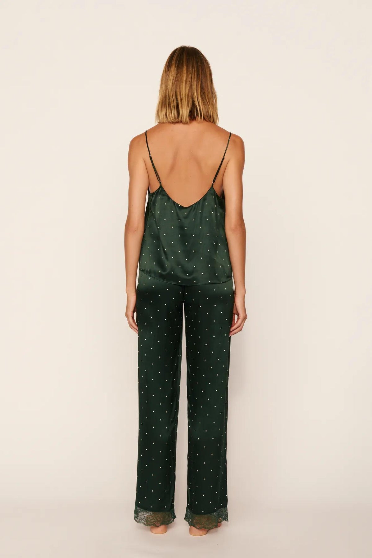 Model is wearing Washable Silk Printed Lace Cami &amp; Pant Set in Dot Pine/Pine