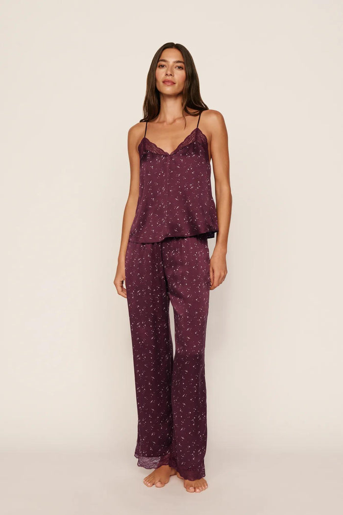 Washable Silk Printed Lace Cami and Pant Set in Starlight Wildberry