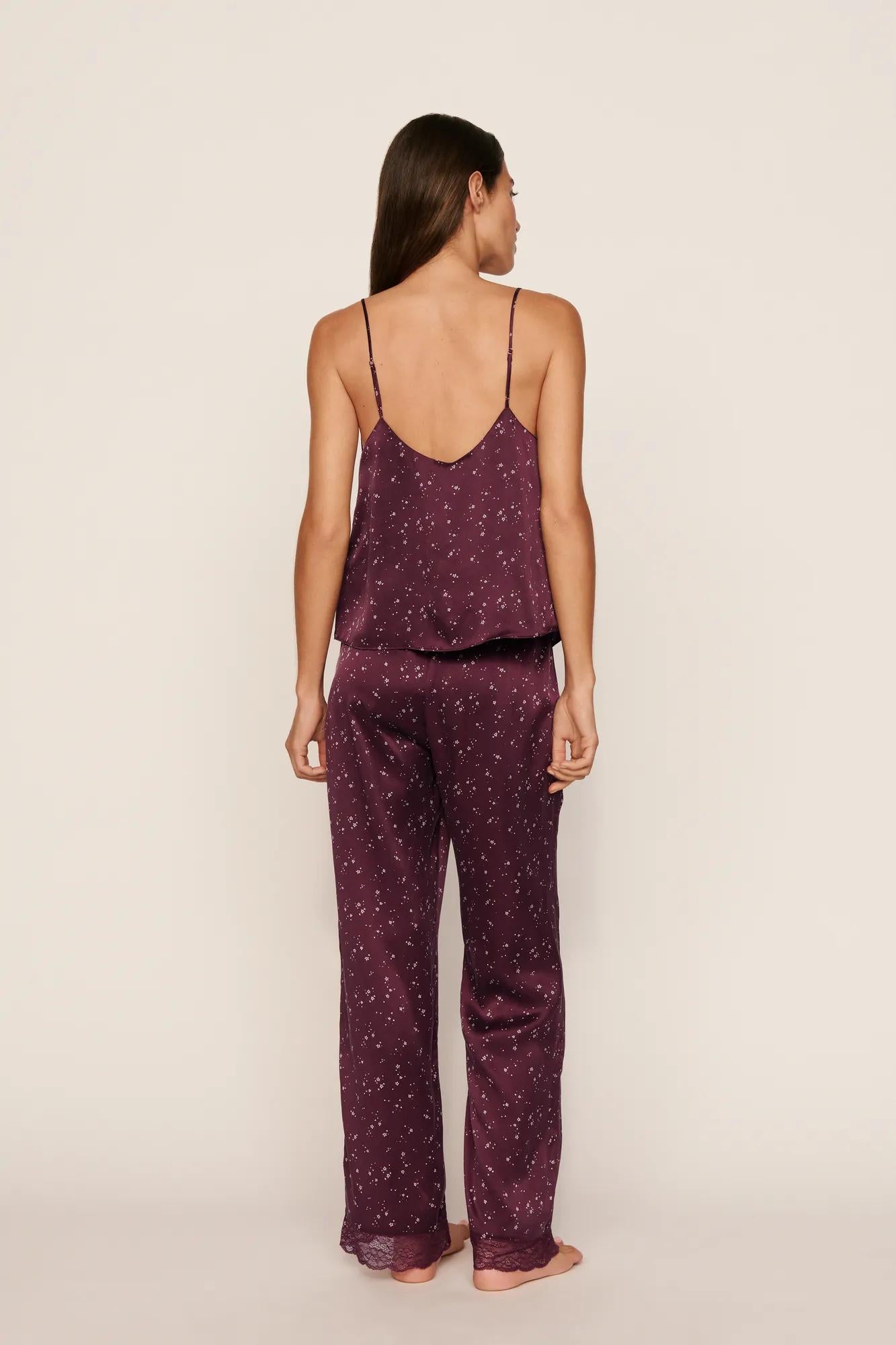 Model is wearing Washable Silk Printed Lace Cami & Pant Set in Starlight Wildberry/Wildberry