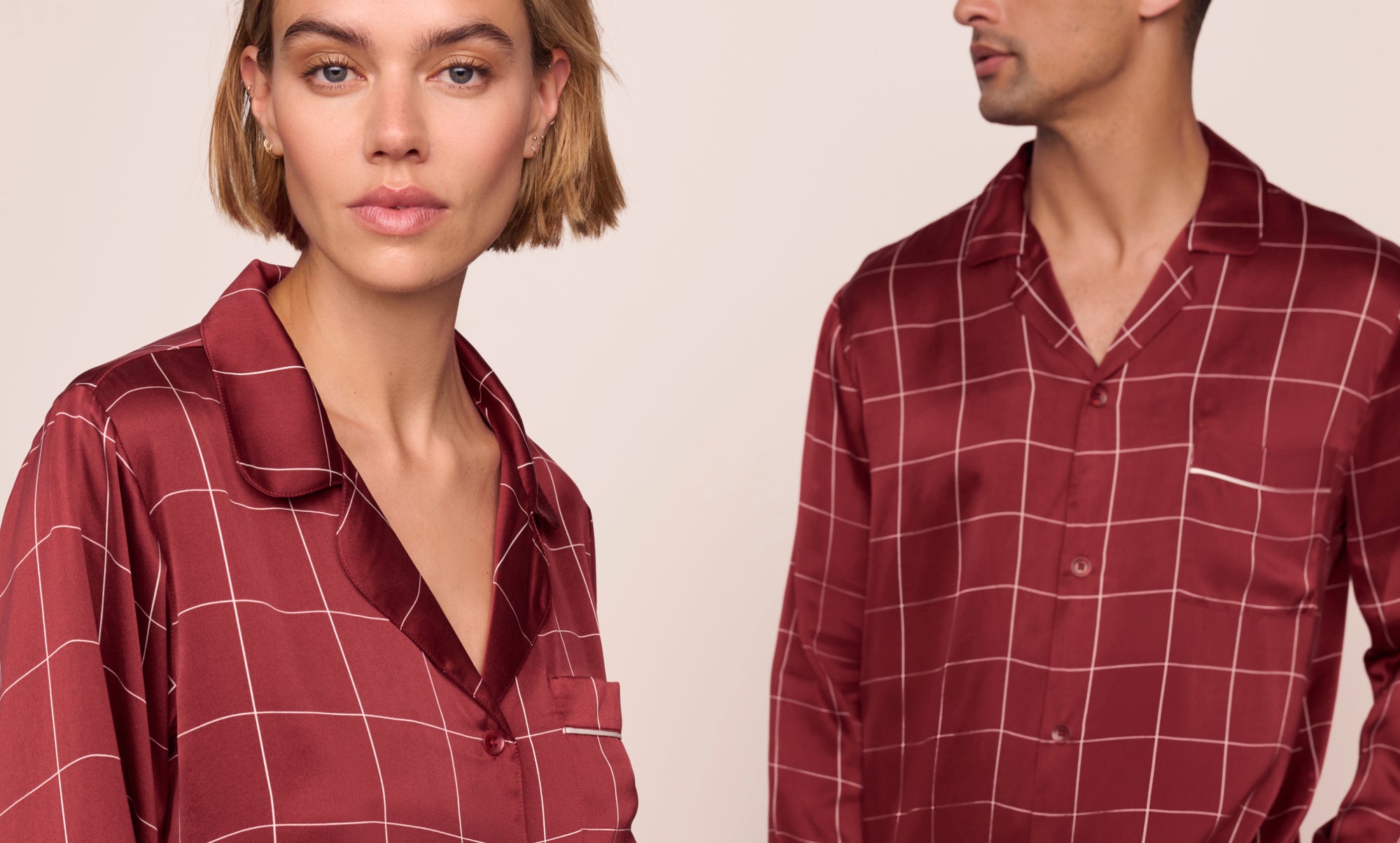 Models are wearing Inez Washable Silk Printed Long PJ and Charles Printed PJ in Simple Plaid Merlot