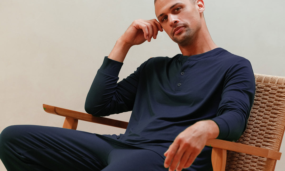 Model wearing Henry Long PJ Set in Navy