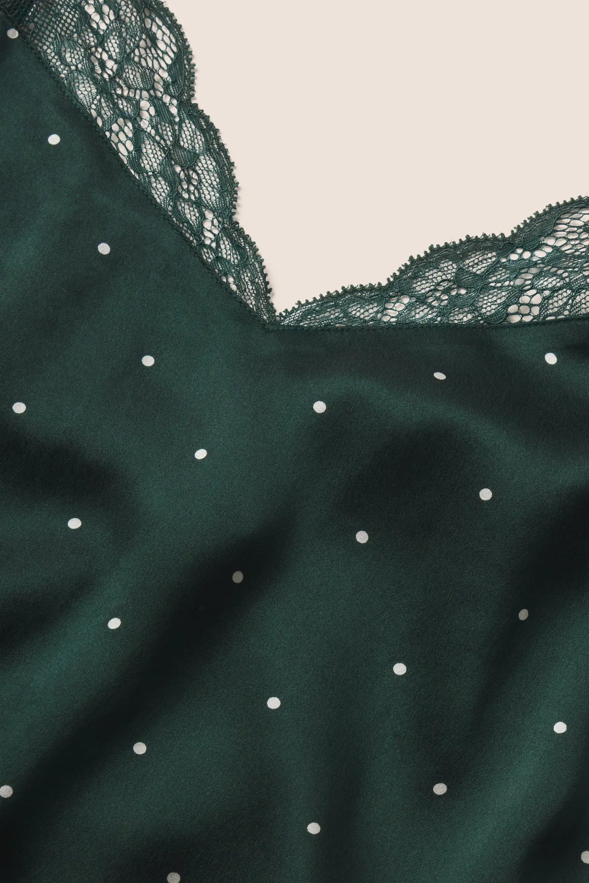 Model is wearing Washable Silk Printed Lace Cami &amp; Short Set in Dot Pine/Pine