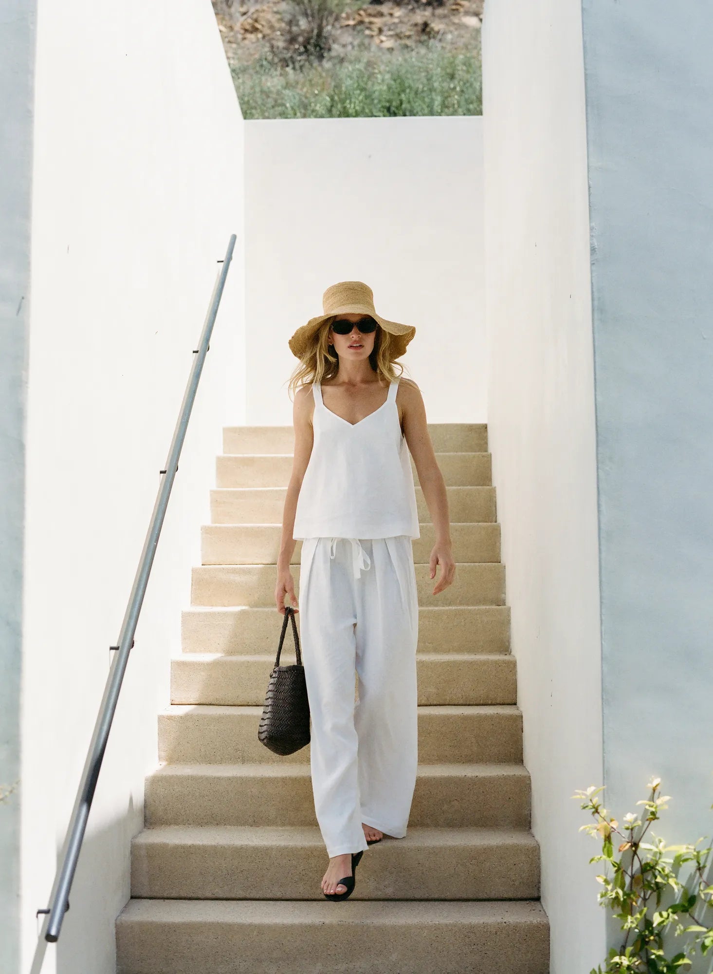 Model is wearing Linen Blend Cami and Relaxed pant in White