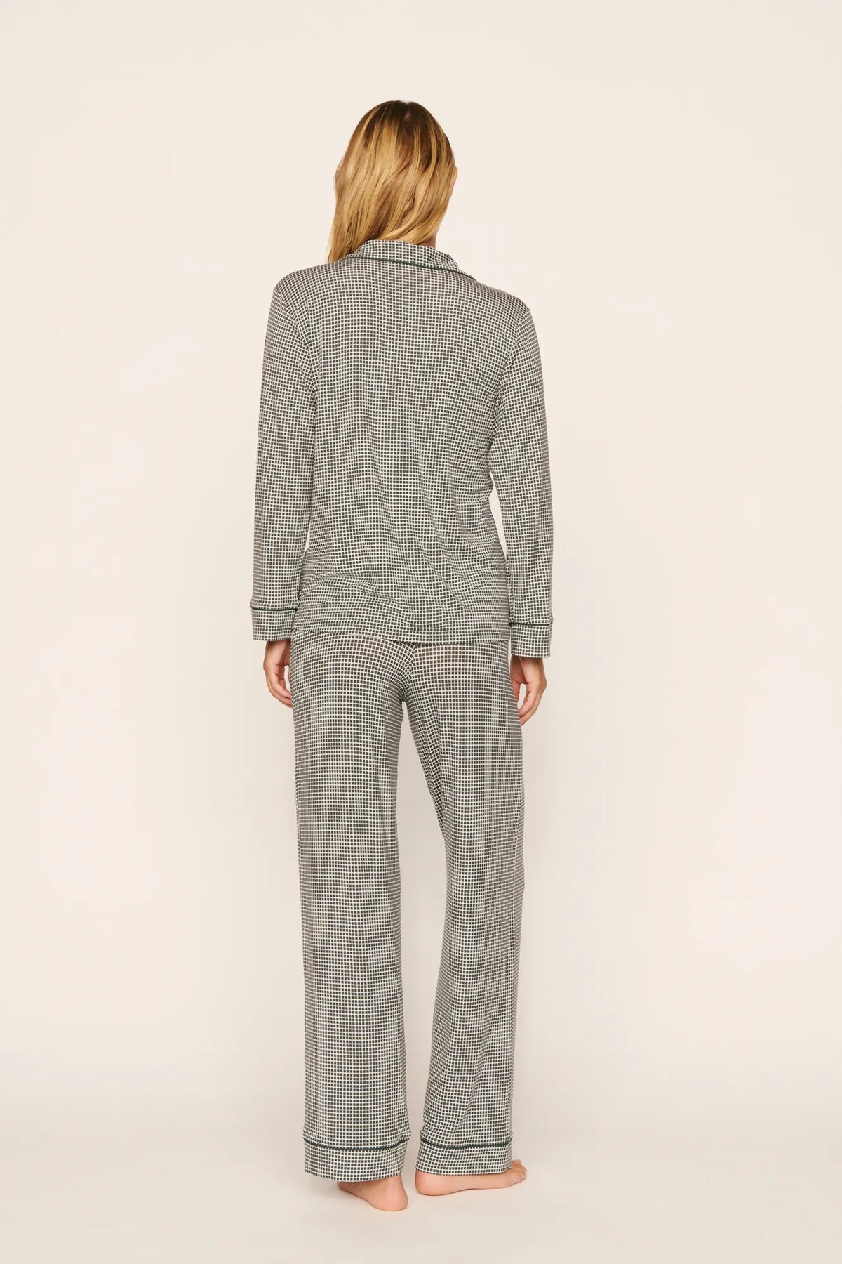Model is wearing Gisele Printed TENCEL™ Modal Long PJ Set in Cabin Check Ivory/Pine