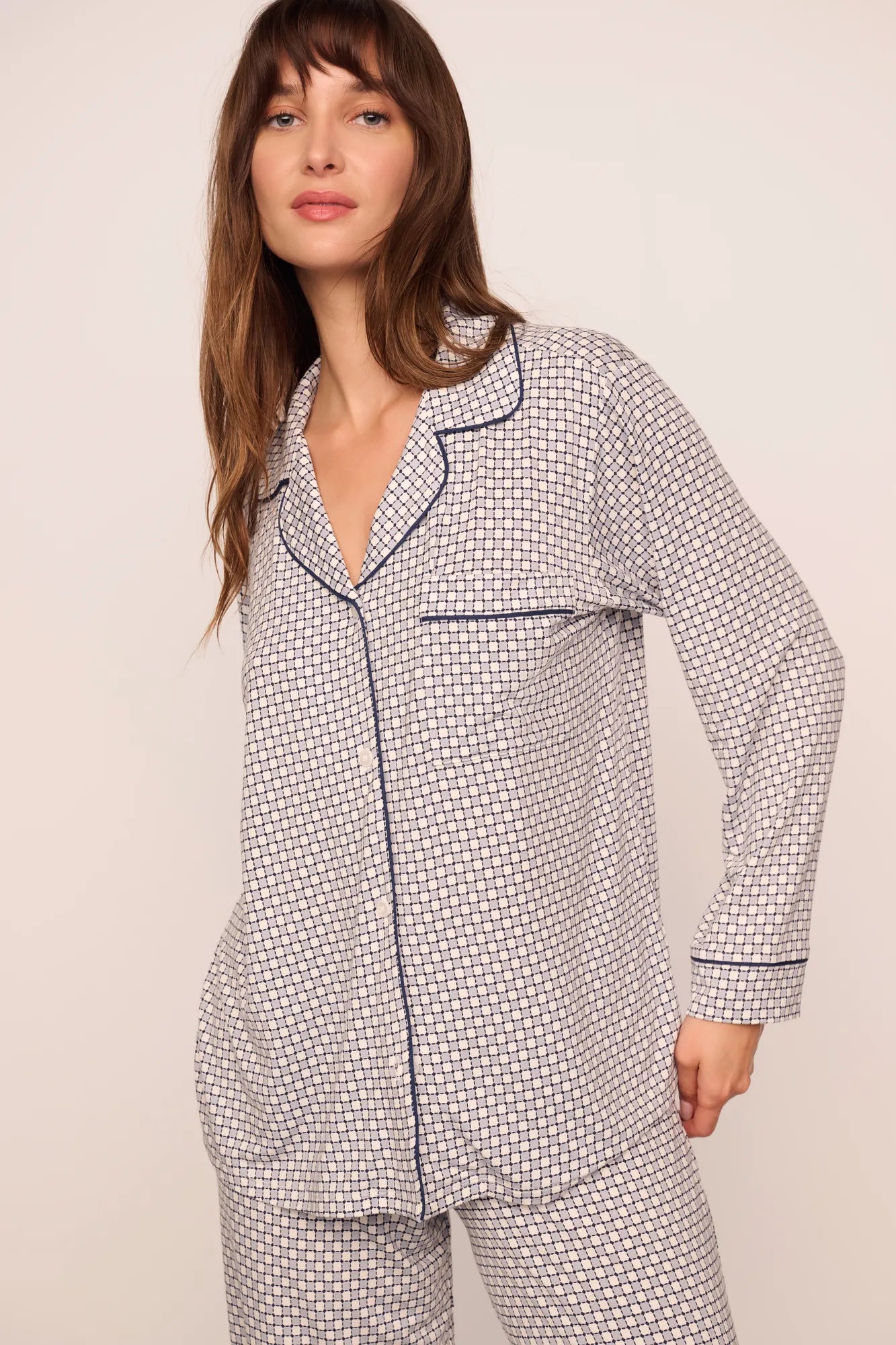 Model is wearing Gisele Printed TENCEL™ Modal Long PJ Set in Geo Sphere Gray Dawn