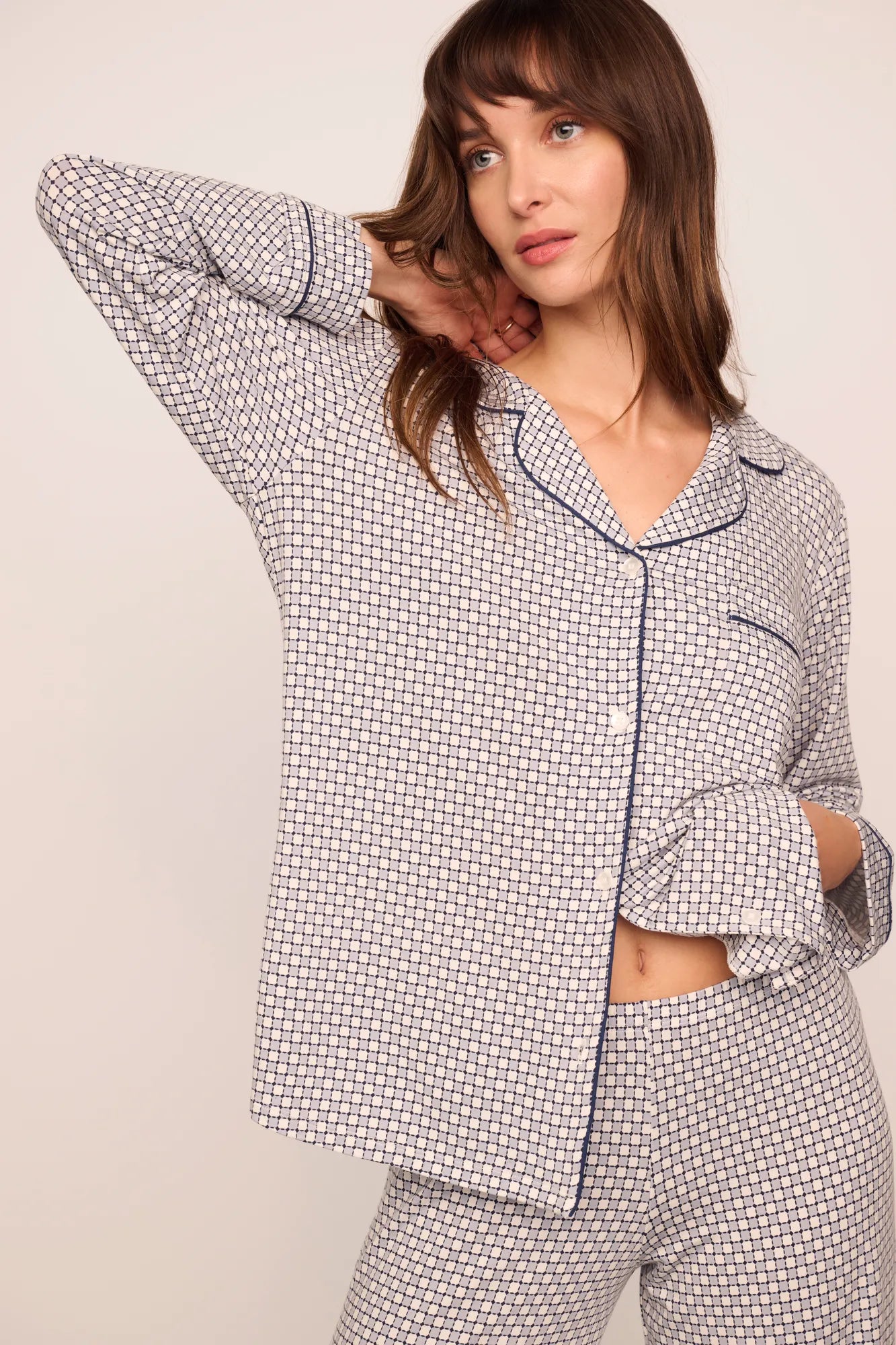 Model is wearing Gisele Printed TENCEL™ Modal Long PJ Set in Geo Sphere Gray Dawn