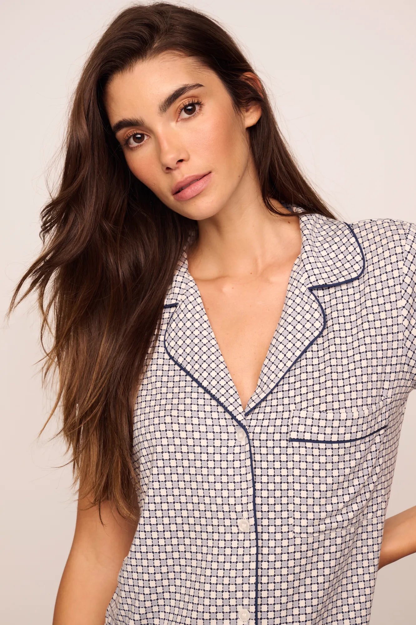 Model is wearing Gisele Printed TENCEL™ Modal Shortie Short PJ Set  in  Geo Sphere Gray Dawn