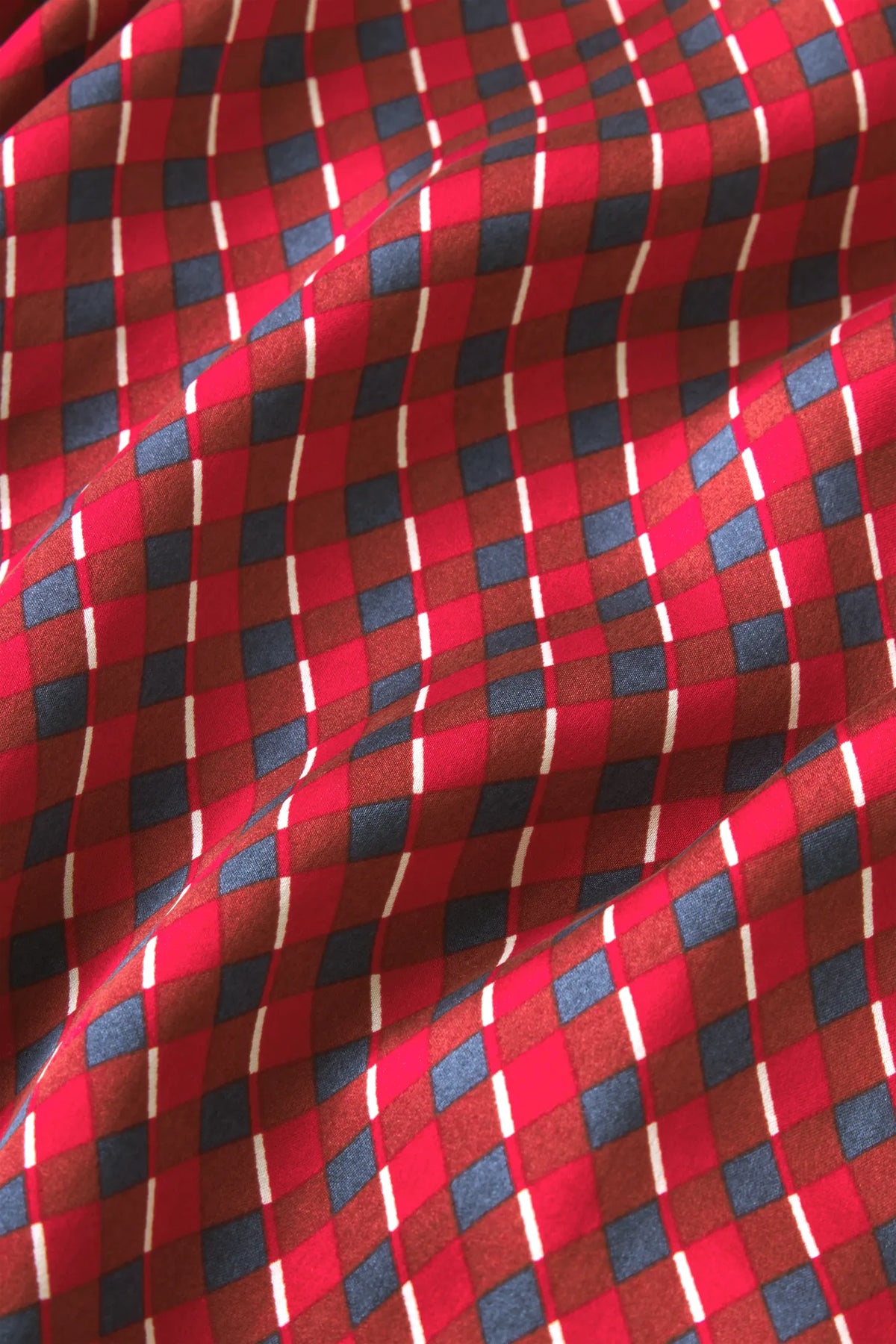 Inez Washable Silk printed fabric in Harlequin Holly Red/Navy