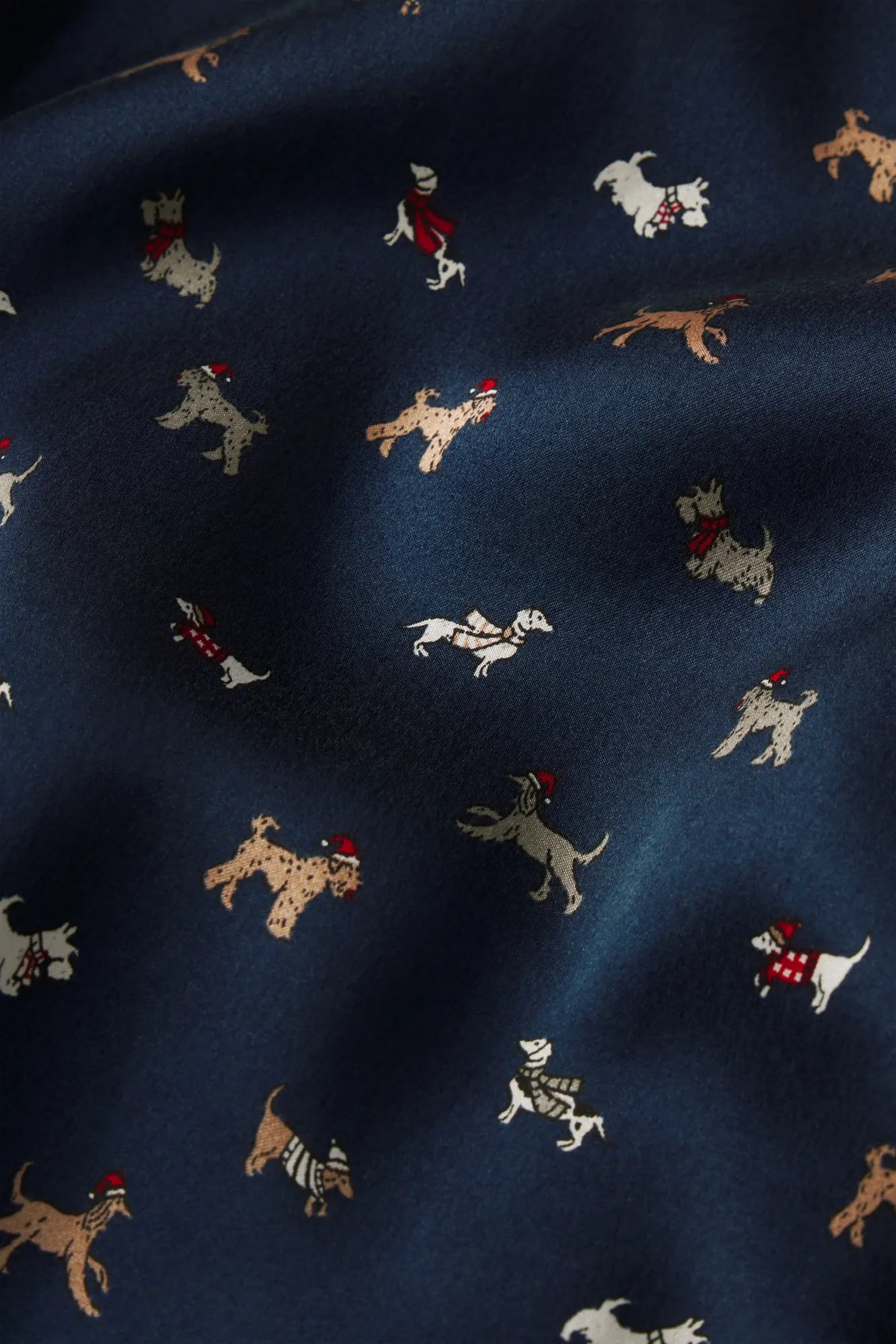 Inez Washable Silk Printed fabric in Santa Paws Navy/Ivory