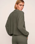 Model is wearing Recycled Sweater Cropped Cardigan  in Smokey Olive