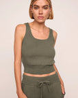 Model is wearing Recycled Sweater Cropped Tank  in Smokey Olive
