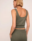 Model is wearing Recycled Sweater Cropped Tank  in Smokey Olive