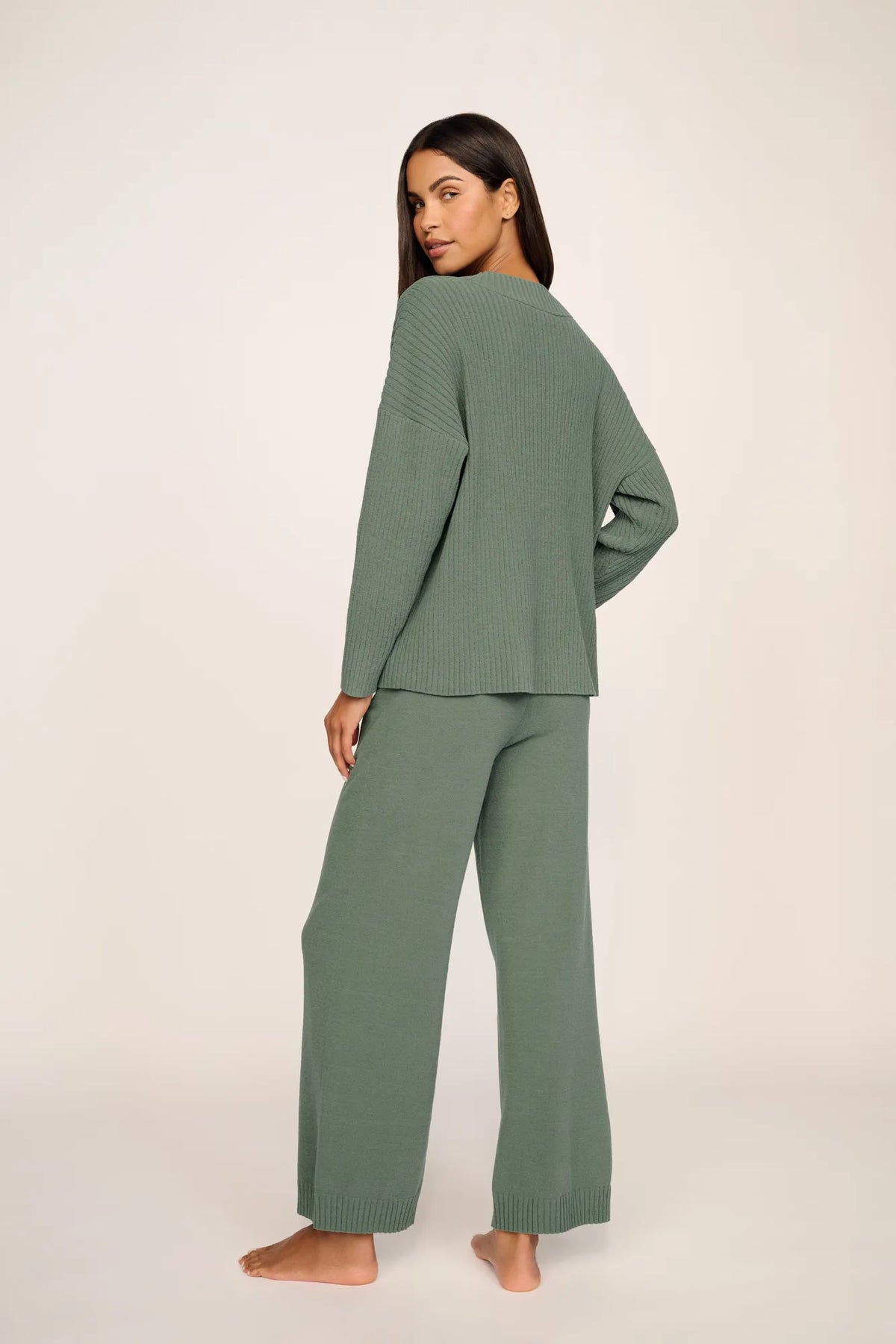 Model is wearing Lightweight Boucle Straight Leg Pant in Desert Sage