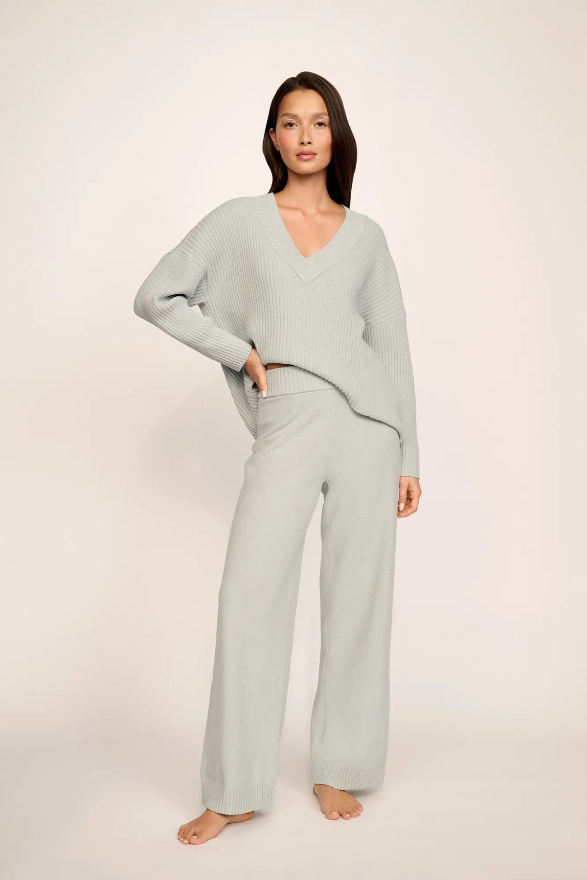 Model is wearing Lightweight Boucle Straight Leg Pant in Blue Mist