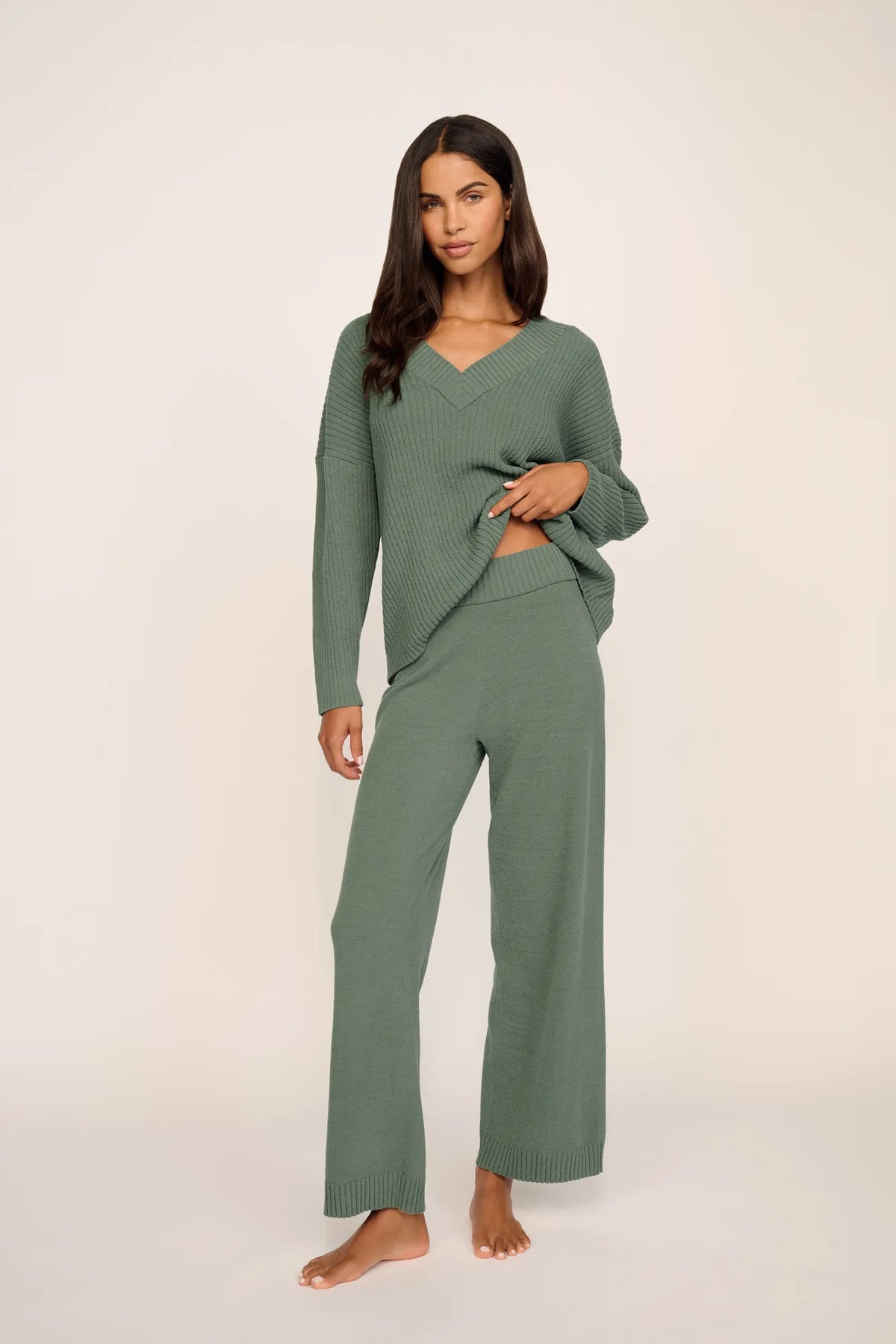 Model is wearing Lightweight Boucle Straight Leg Pant in Desert Sage