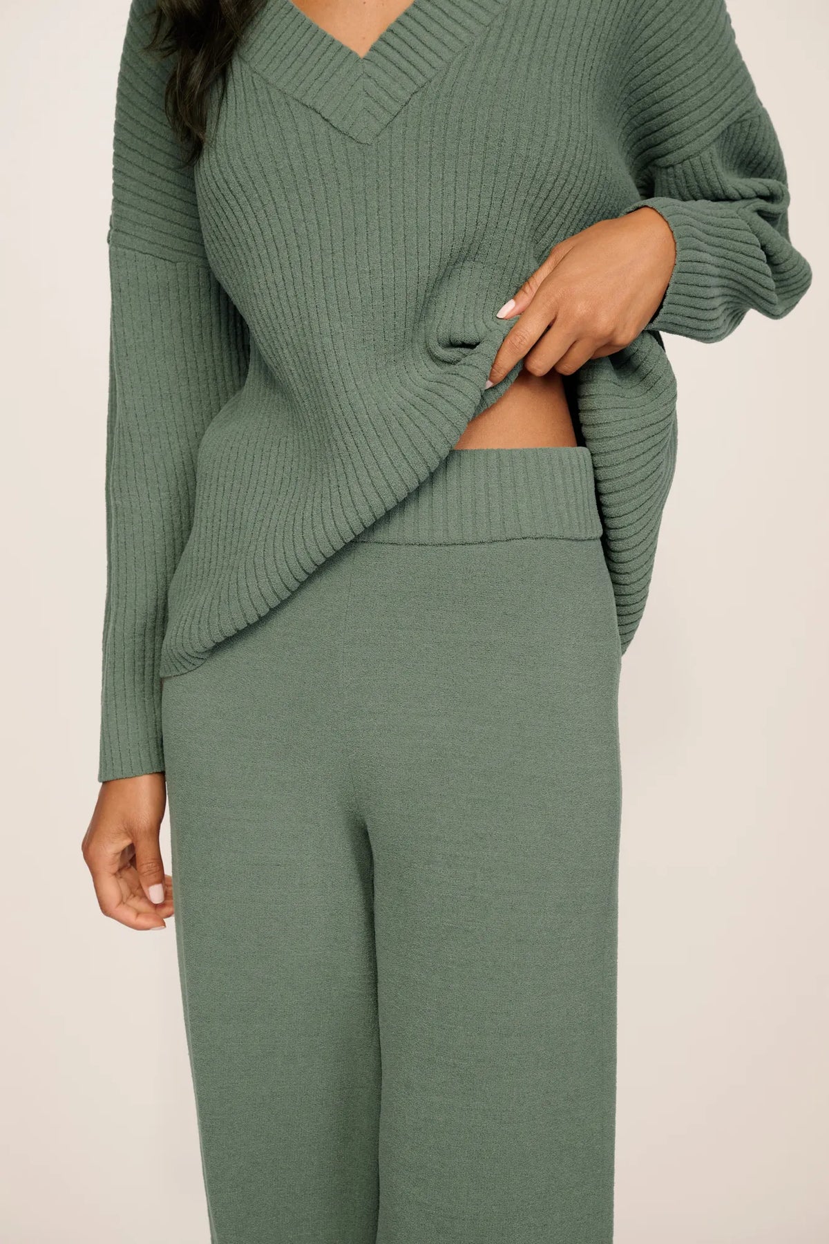 Model is wearing Lightweight Boucle Straight Leg Pant in Desert Sage