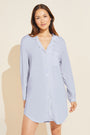 Model wears Gisele TENCEL™ Modal Sleepshirt in ice blue/ivory.