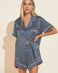 Model wears Inez Washable Silk Printed Short PJ Set in Petite Batik Print.