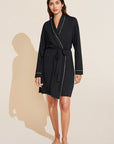 Model is wearing the Gisele TENCEL™ Modal Robe in Black/Sorbet Pink.