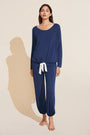 Model wears Gisele TENCEL™ Modal Slouchy PJ Set in Navy/Ivory.