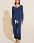 Model wears Gisele Tencel Modal Slouchy Set in Navy/Ivory