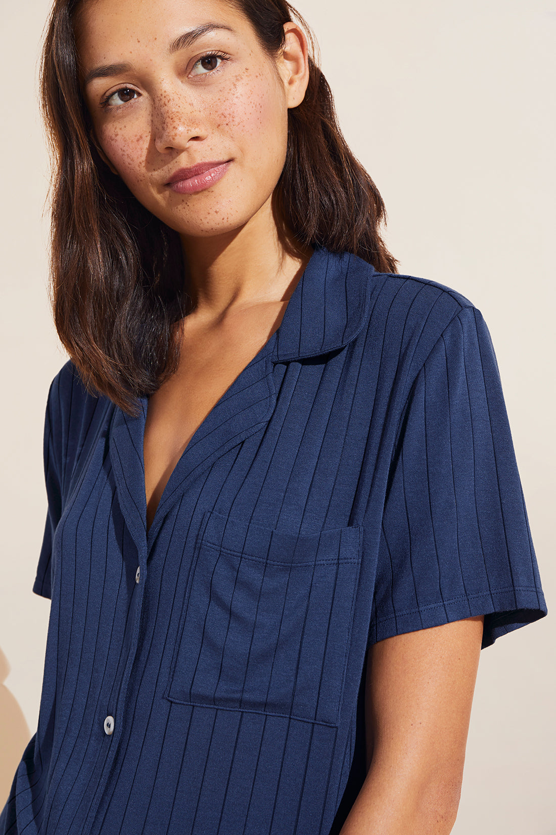 Model wears Gisele TENCEL™ Modal Rib Relaxed Short PJ Set in Navy.