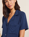 Model wears Gisele TENCEL™ Modal Rib Relaxed Short PJ Set in Navy.