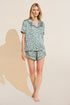Model wears Inez Washable Silk Printed Short PJ Set in Tropical Tile Agave/Agave.