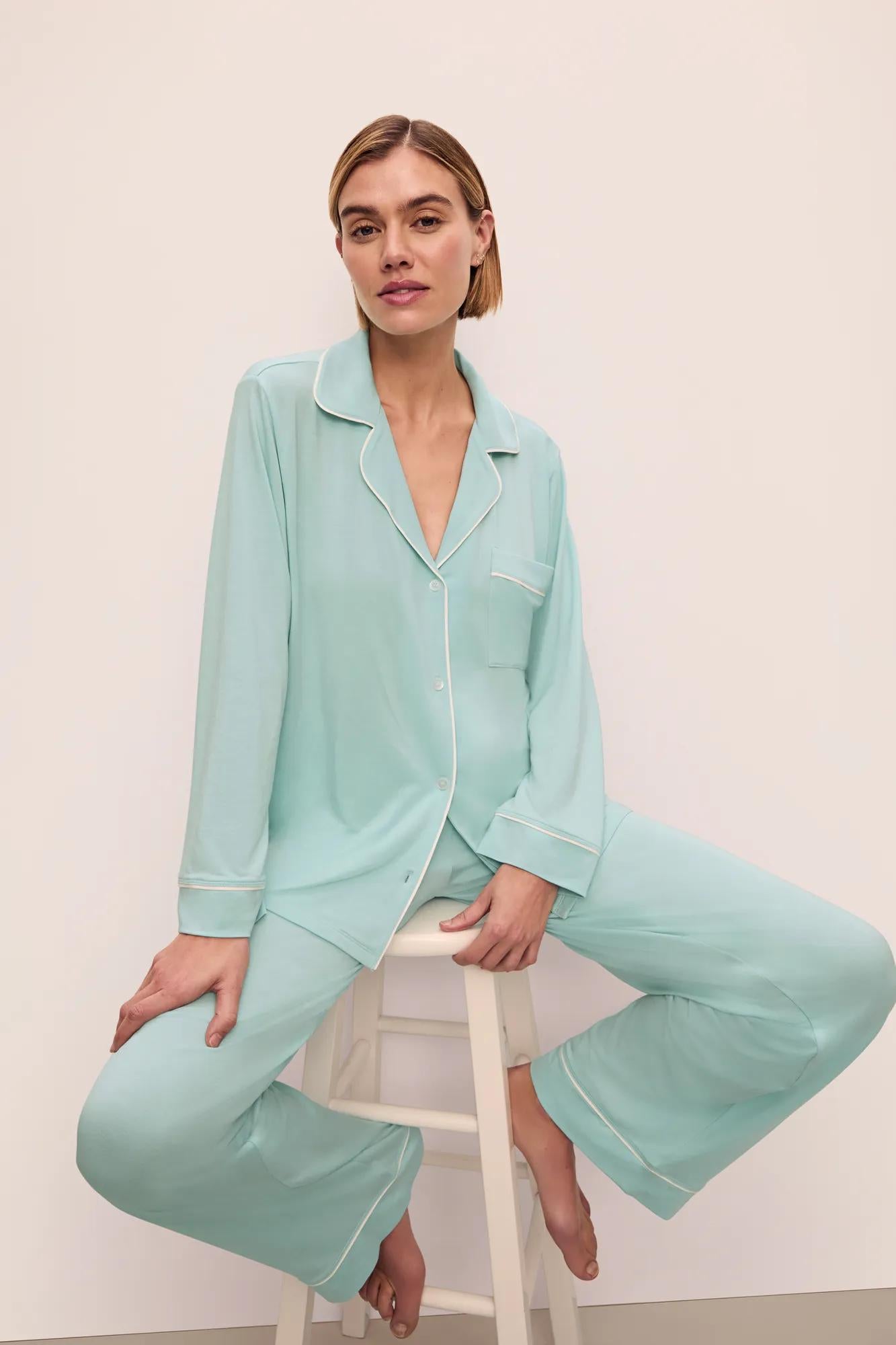 Model is wearing Gisele Tencel™ Modal Long Pj Set in Canal Blue/Ivory