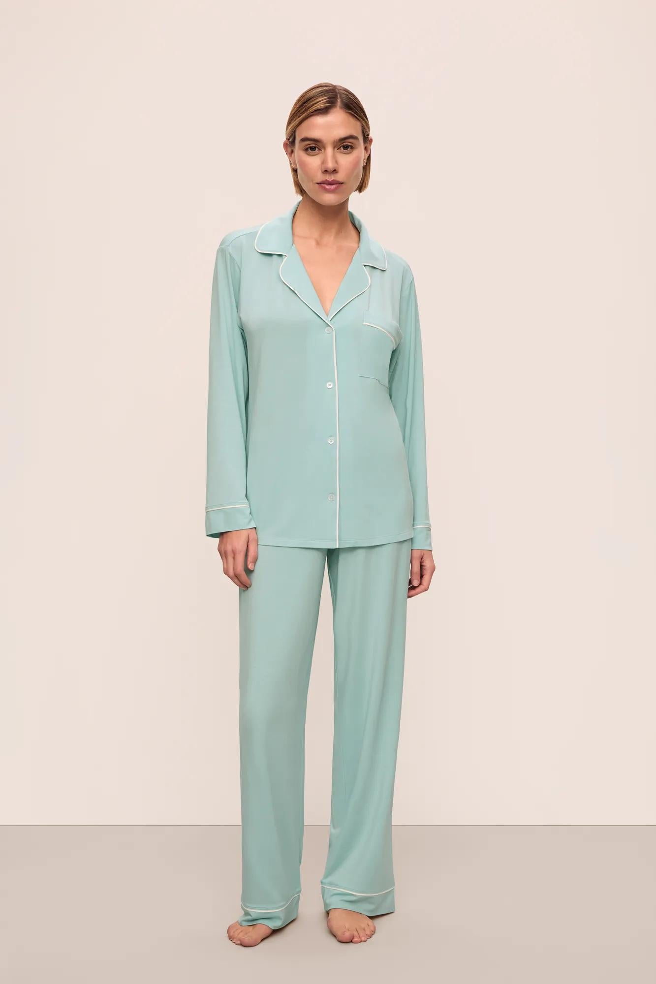 Model is wearing Gisele Tencel™ Modal Long Pj Set in Canal Blue/Ivory