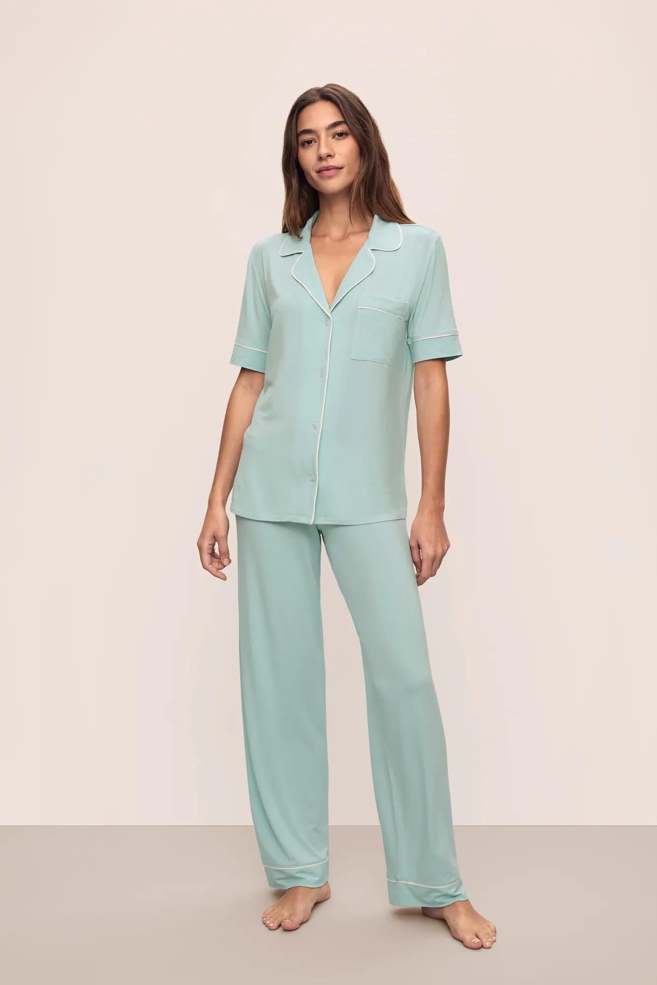 Model is wearing Gisele Tencel™ Modal Short Sleeve & Pant Pj Set in Canal Blue/Ivory