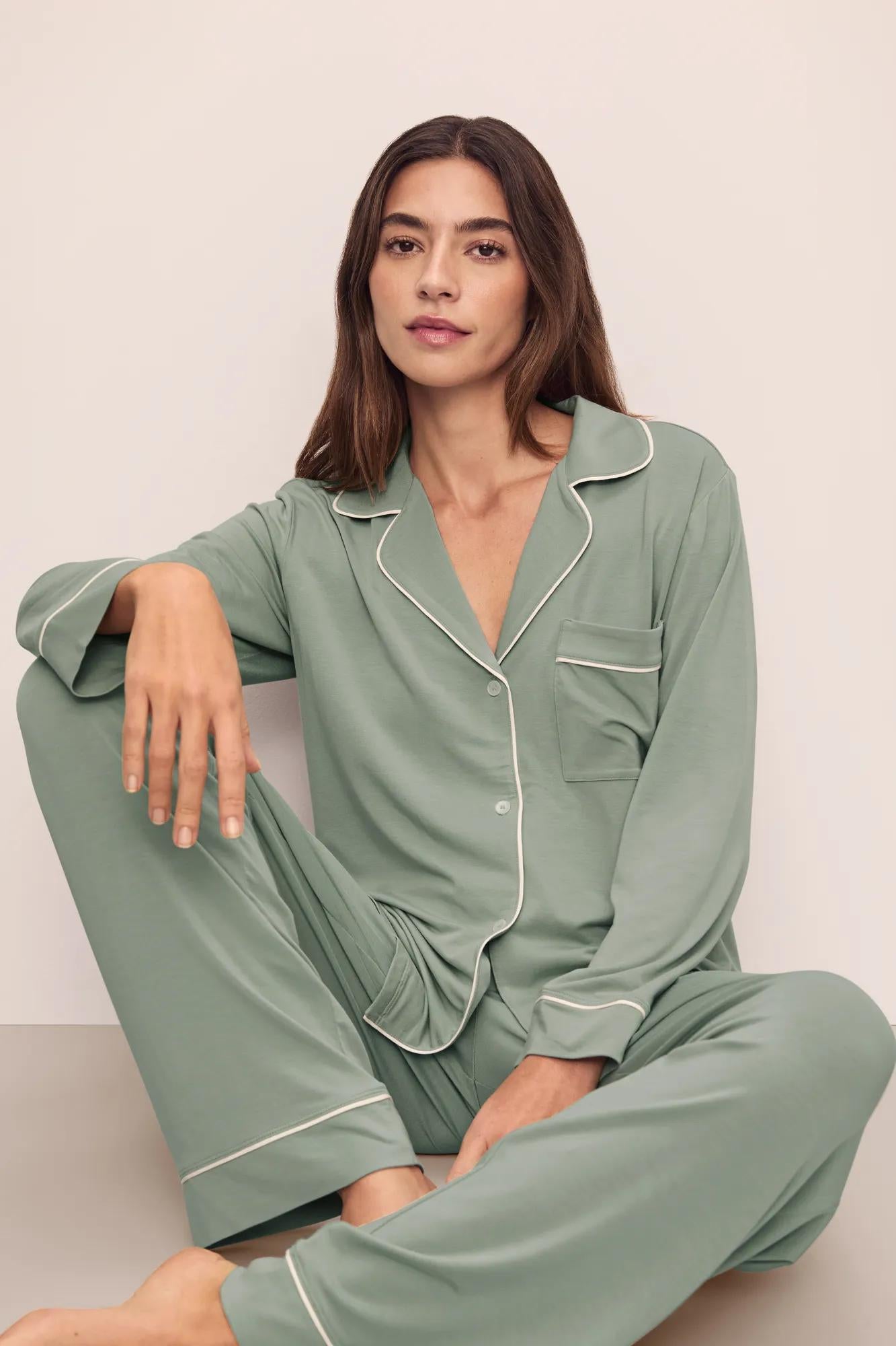 Model is wearing Gisele TENCEL™ Modal Long PJ Set in Eucalyptus/Ivory