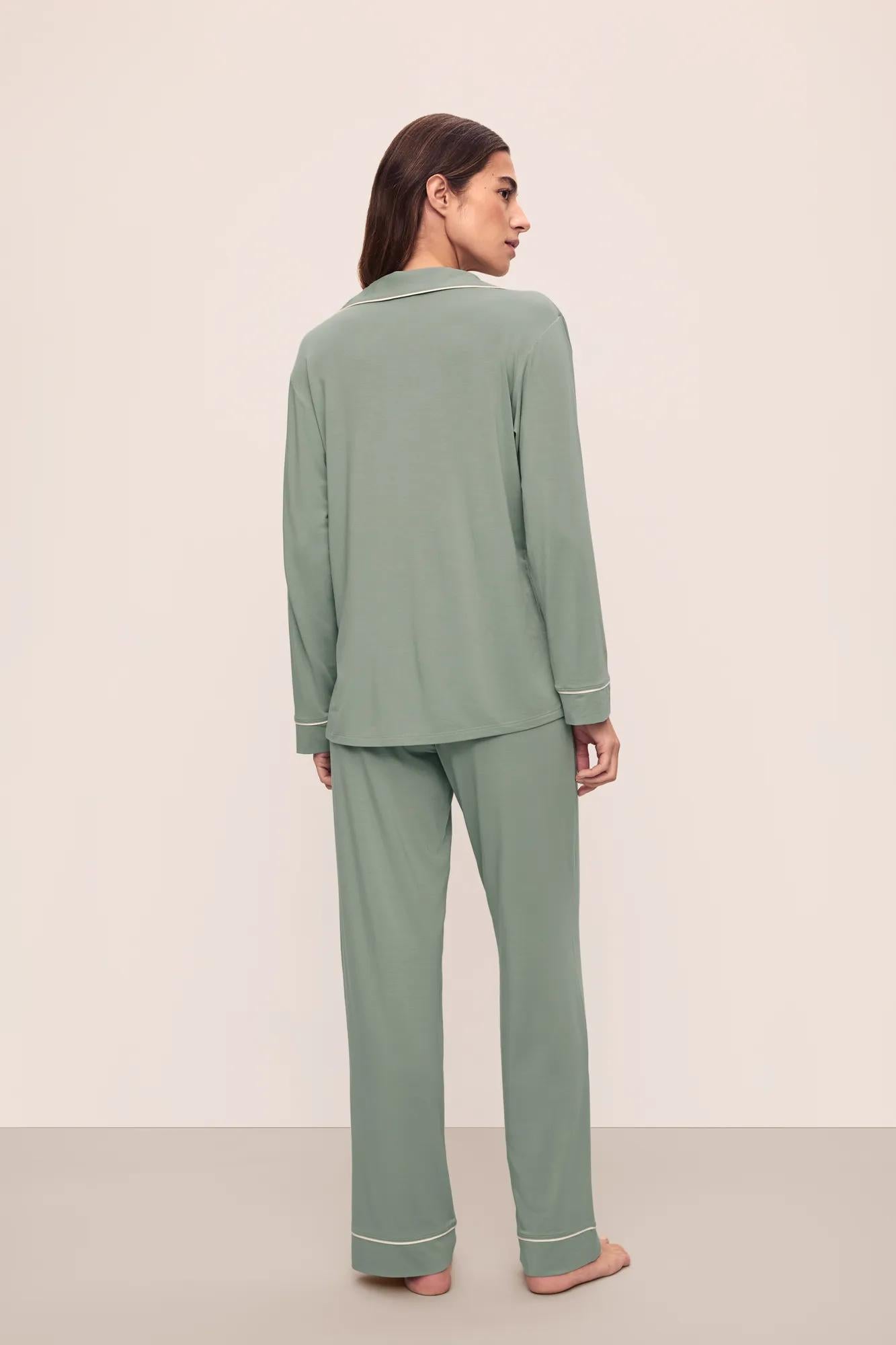 Model is wearing Gisele TENCEL™ Modal Long PJ Set in Eucalyptus/Ivory